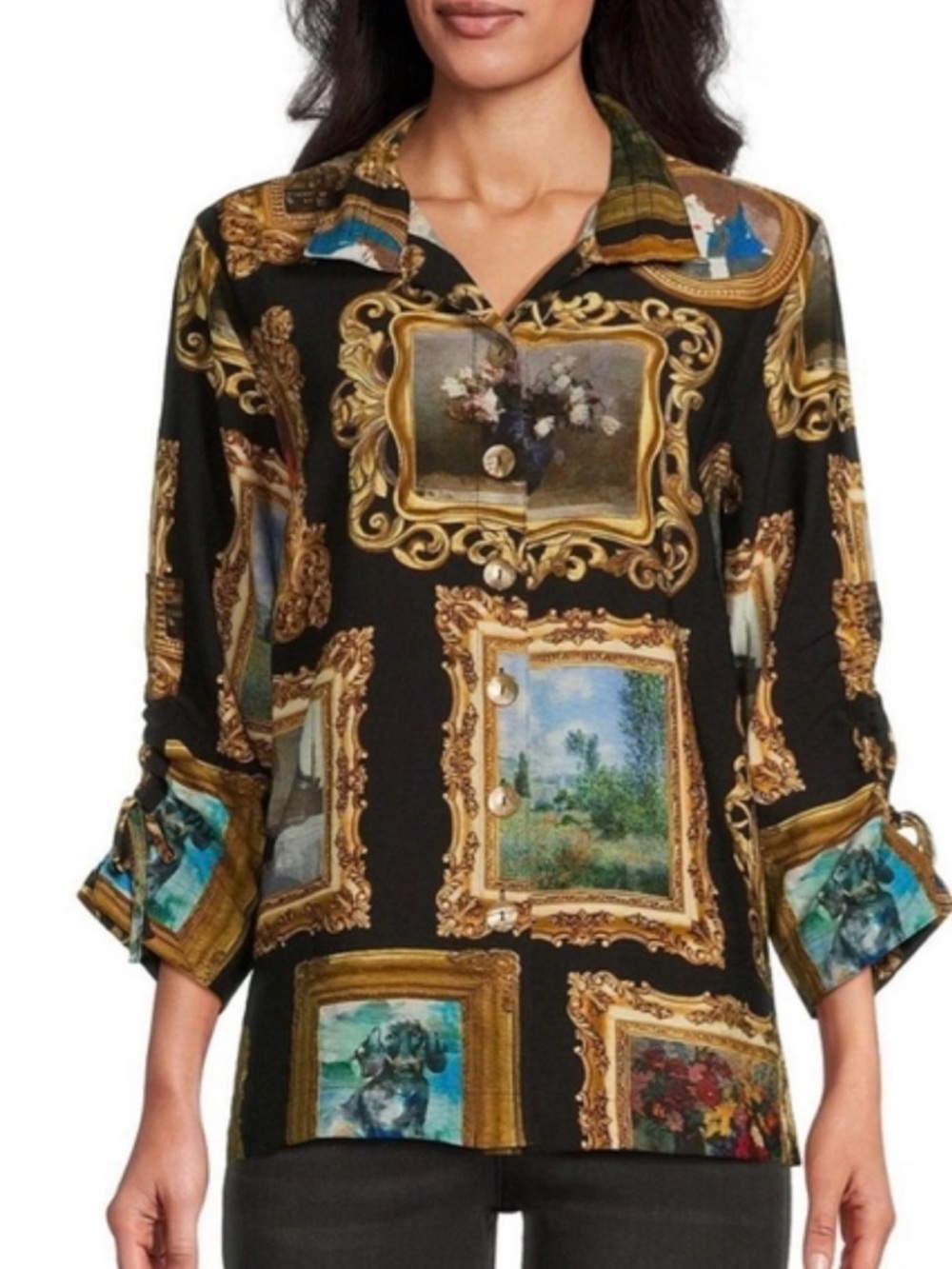 John Mark Baroque Frame Print Button-Up Blouse in Black and Gold